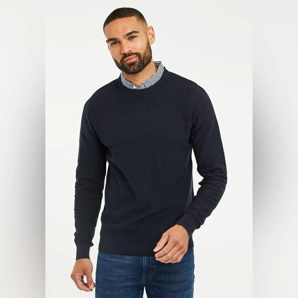 Threadbare Mens Andy Knit Sweater Jumper Size XL Navy Blue Attatched Collar NWT